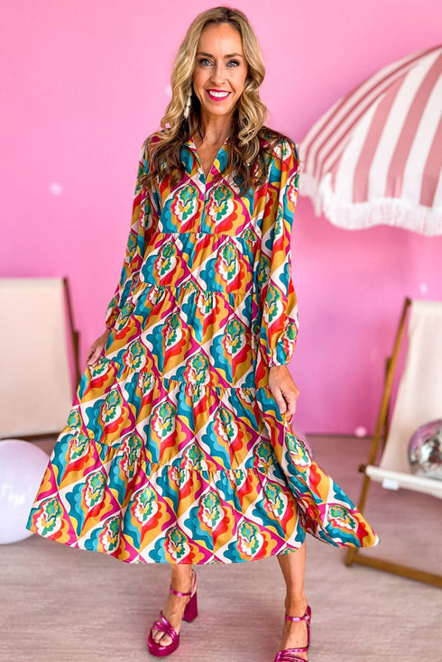 Multi-Color Abstract Geometric Print Long Sleeve High Waist Dress